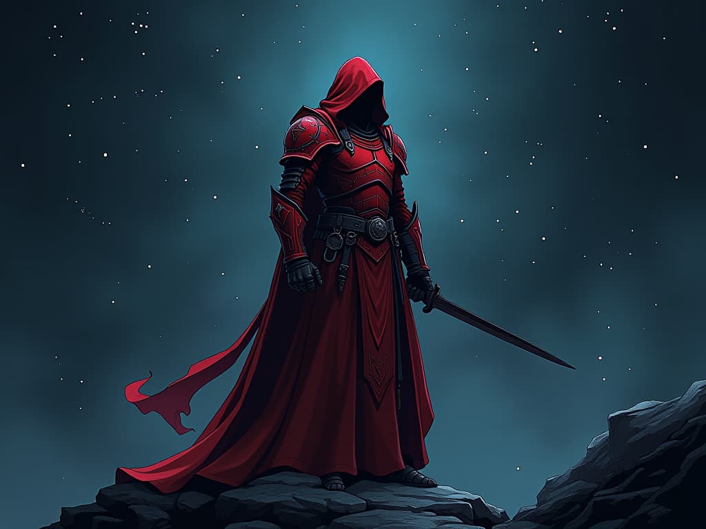  night scene, guardian in red armor, standing vigilant, stars twinkling, air of sleepless duty. the style is digital art illustration / modern comic book / graphic dark novel fantasy and mysterious occult, symbolic, moody lighting, esoteric vibe,high detail on character design. for the color scheme emphasize blacks and reds.