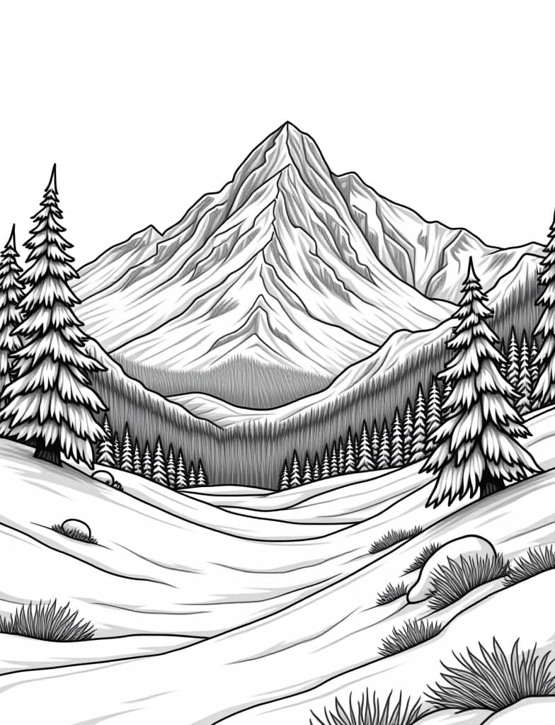  this is for an adult coloring page. a detailed black and white line art of a snowy snowy landscape with a distant view of a mountain range on a solid white background.