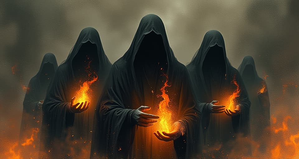  figures cloaked in black, holding glowing embers, malevolent intent, dangerous, smoldering emotions. an illustration in the style of a worn, mystical old tarot trump card, mysterious and elements of surrealism. the colors are muted, somber and eerie, but with contrast bring out an occult and esoteric vibe.