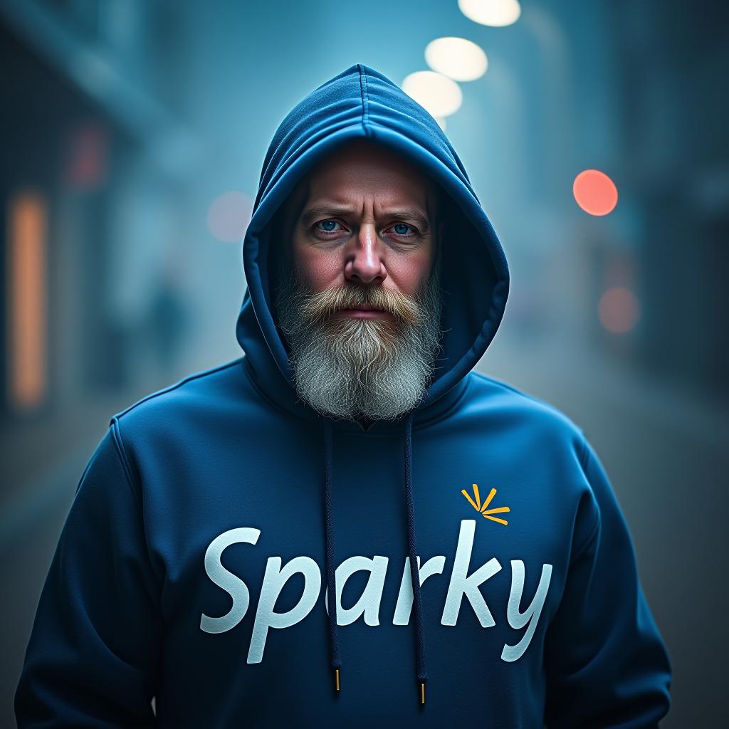  white man with a cool beard master of crypto with a blue hoodie with sparky written on it hyperrealistic, full body, detailed clothing, highly detailed, cinematic lighting, stunningly beautiful, intricate, sharp focus, f/1. 8, 85mm, (centered image composition), (professionally color graded), ((bright soft diffused light)), volumetric fog, trending on instagram, trending on tumblr, HDR 4K, 8K