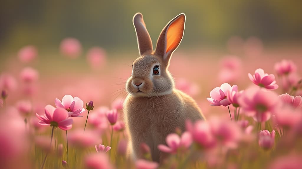  magical rabbit in a field of pink flowers, high quality, high details, hd, perfect composition, 4k epic detailed, highly detailed, sharp focus, high resolution