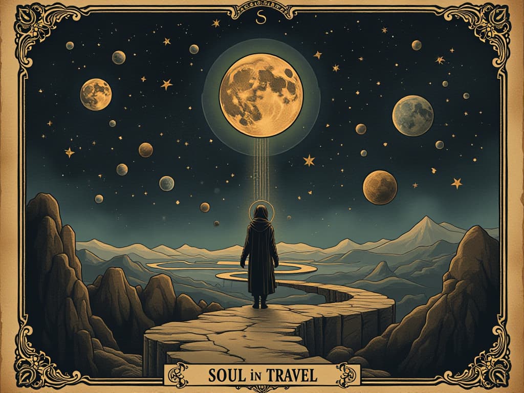  soul in travel, ethereal pathways through stars, ancient symbols, suggesting journey through space and time. an illustration in the style of a worn, mystical old tarot trump card, mysterious and elements of surrealism. the colors are muted, somber and eerie, but with contrast bring out an occult and esoteric vibe.