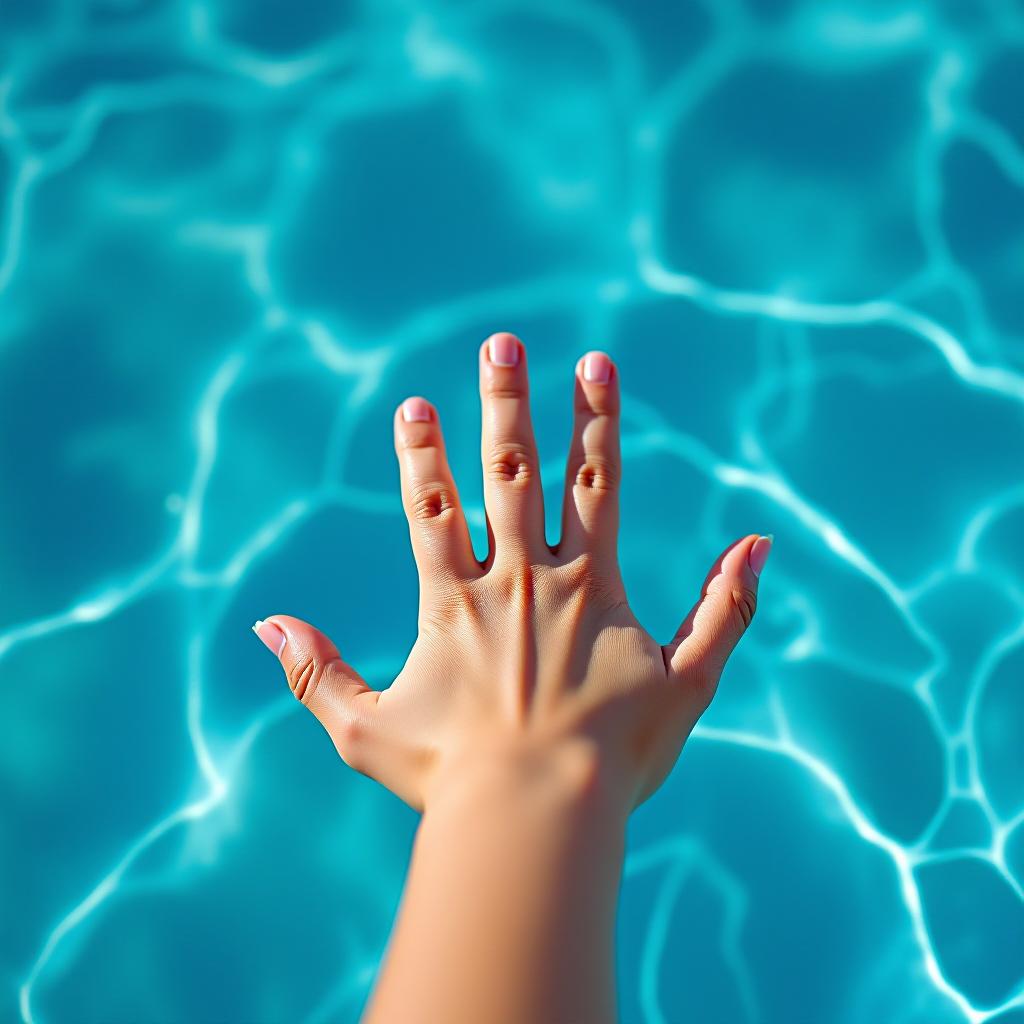  a girl's hand in a pool with blue water.