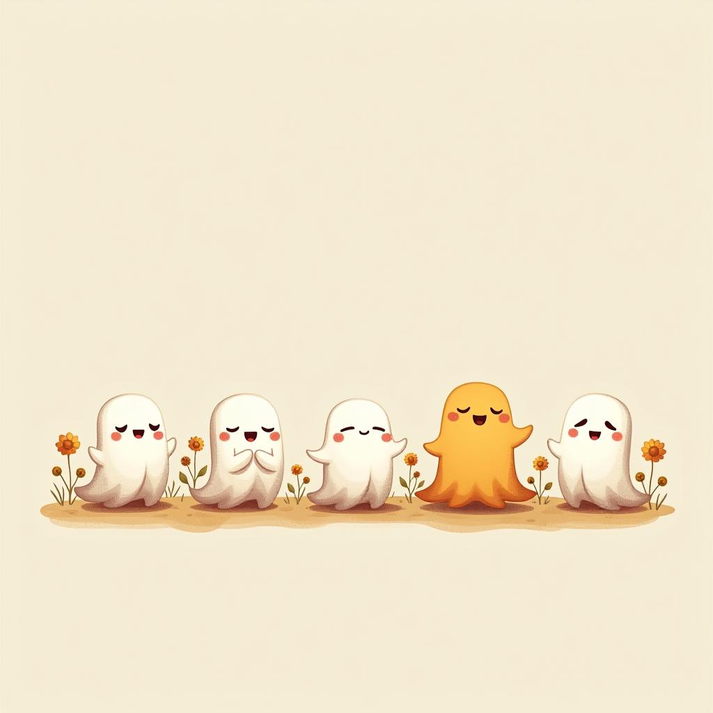  create a digital illustration featuring a row of three to five cute, cartoonish ghost characters, each with a different appearance, standing in different positions within sparse, life like wildflowers.