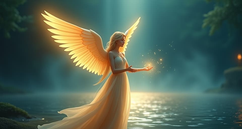  ethereal angel with wings made of glowing feathers, standing by a luminous lake, her hands extended, transforming whispers of light into radiant beams, mystical and divine setting. the style is digital art illustration,highly detailed, whimsical,magical, dreamlike atmosphere, realism and fantasy blend, smooth, glossy textures,luminous quality, wonder and enchantment.