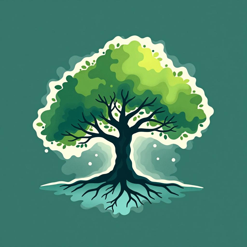  logo, watercolor style, logo of a tree, green and blue