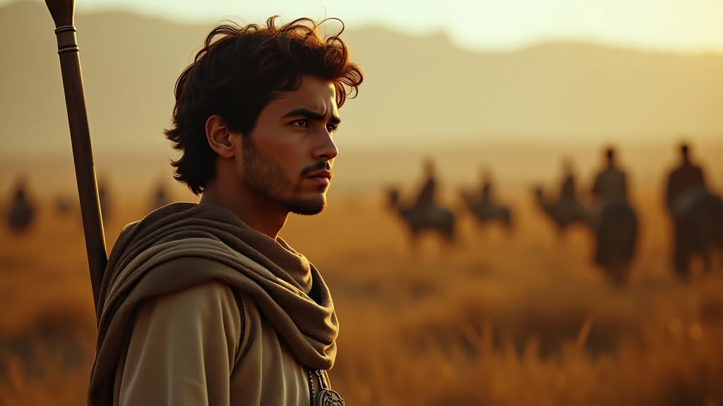  gideon, a young man in ancient israel, witnessing the oppression of the midianite empire, with a sorrowful expression as his people work in the fields. hyperrealistic, full body, detailed clothing, highly detailed, cinematic lighting, stunningly beautiful, intricate, sharp focus, f/1. 8, 85mm, (centered image composition), (professionally color graded), ((bright soft diffused light)), volumetric fog, trending on instagram, trending on tumblr, HDR 4K, 8K