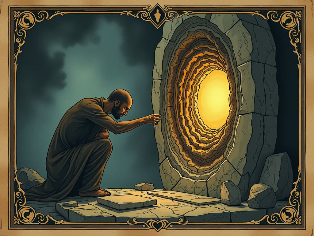  sculptor carving an intricate masterpiece from rough stone, layers being unveiled, celestial light illuminating the process, transformation, divine creation. an illustration in the style of a worn, mystical old tarot trump card, mysterious and elements of surrealism. the colors are muted, somber and eerie, but with contrast bring out an occult and esoteric vibe.