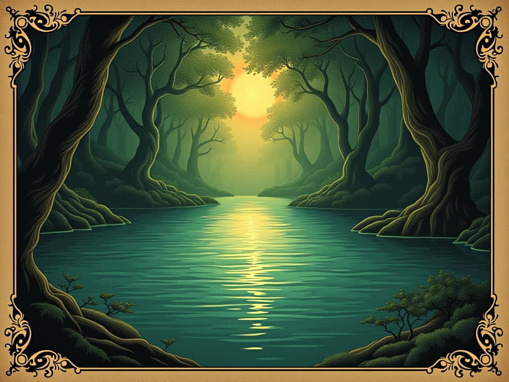  a calm, serene reservoir, glowing with divine light, surrounded by lush, green nature, symbolizing potential, tranquil, luminous. an illustration in the style of a worn, mystical old tarot trump card, mysterious and elements of surrealism. the colors are muted, somber and eerie, but with contrast bring out an occult and esoteric vibe.