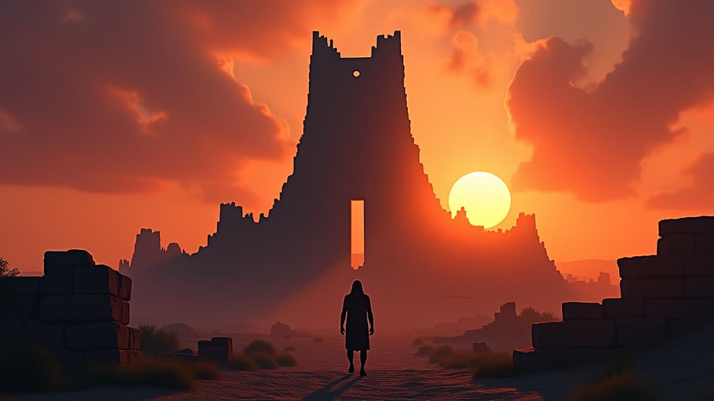  illustration of the ruins of the tower of babel, set against a dramatic sunset, symbolizing the remnants of human pride. hyperrealistic, full body, detailed clothing, highly detailed, cinematic lighting, stunningly beautiful, intricate, sharp focus, f/1. 8, 85mm, (centered image composition), (professionally color graded), ((bright soft diffused light)), volumetric fog, trending on instagram, trending on tumblr, HDR 4K, 8K