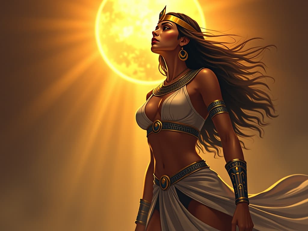  vision of ra, the sun god, shining down with golden rays, a large busted priestess in form fitting attire looking upward, symbolizing transformative process. the style is digital art illustration / modern comic book / mysterious occult, symbolic, esoteric vibe,high detail on character design, incorporating ancient egyptian symbology and attire.