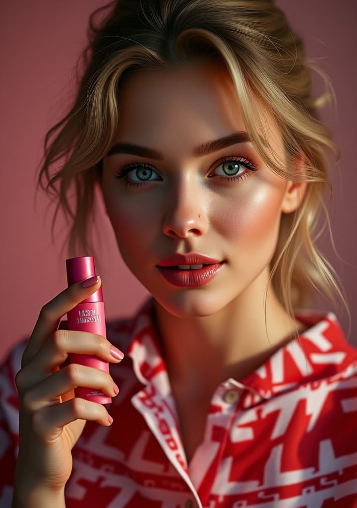  a bold, curious female, russian, adult, model profession, showing a lipstic product, there is text write on the image bottom side in bold font style "be bold be confident" hyperrealistic, full body, detailed clothing, highly detailed, cinematic lighting, stunningly beautiful, intricate, sharp focus, f/1. 8, 85mm, (centered image composition), (professionally color graded), ((bright soft diffused light)), volumetric fog, trending on instagram, trending on tumblr, HDR 4K, 8K