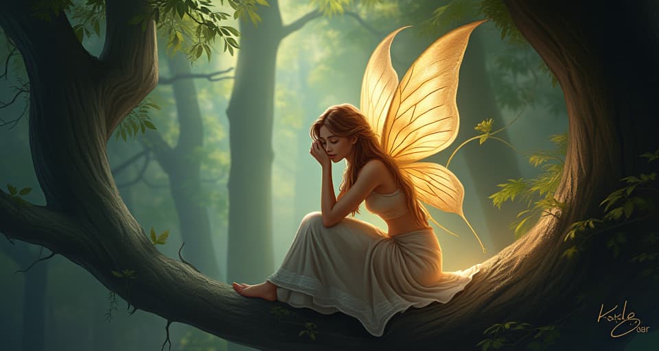  serene fairy, glowing wings, smiling, restful forest, magical backfired plans. the style is digital art illustration,highly detailed, whimsical,magical, dreamlike atmosphere, realism and fantasy blend, smooth, glossy textures,luminous quality, wonder and enchantment.