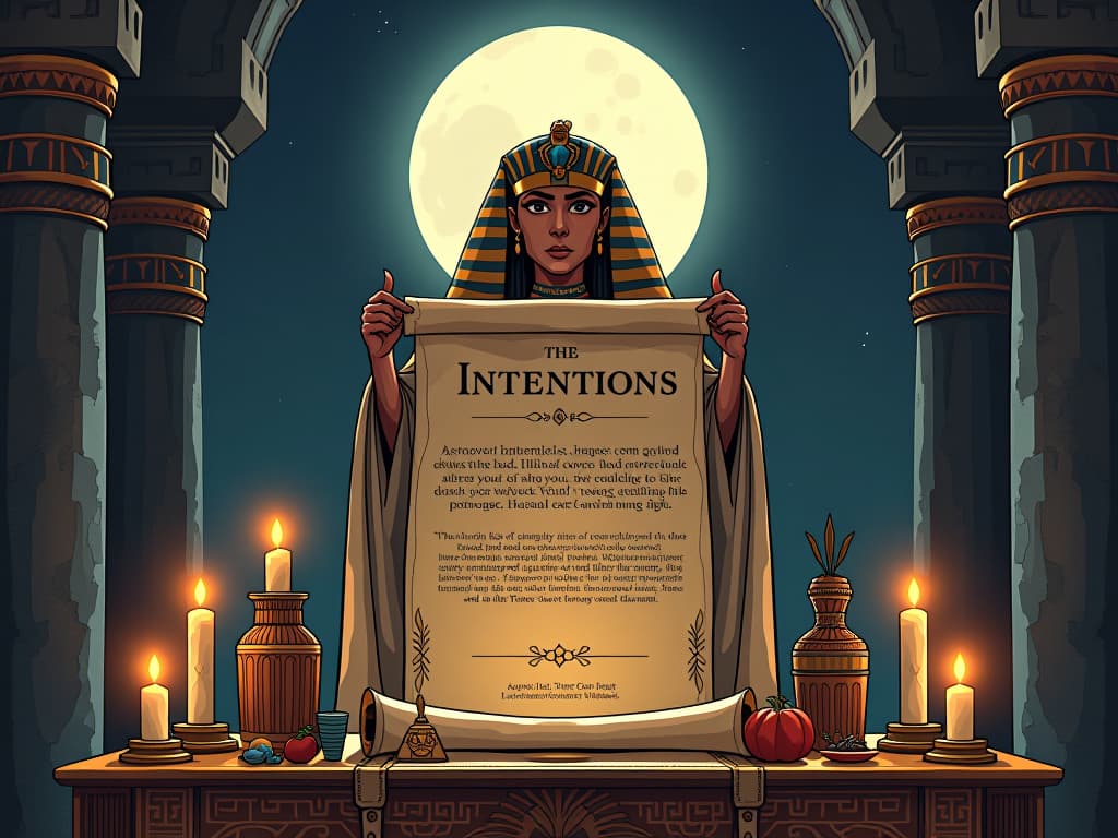  scroll of intentions unfurled on a sacred altar, under the full moon, surrounded by glowing symbols and offerings, clear and powerful ambitions. the style is digital art illustration / modern comic book / mysterious occult, symbolic, esoteric vibe,high detail on character design, incorporating ancient egyptian symbology and attire.