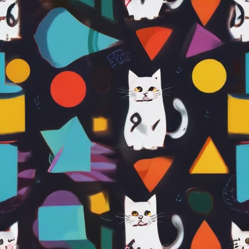 A funny cat juggling vibrant, geometric shapes.