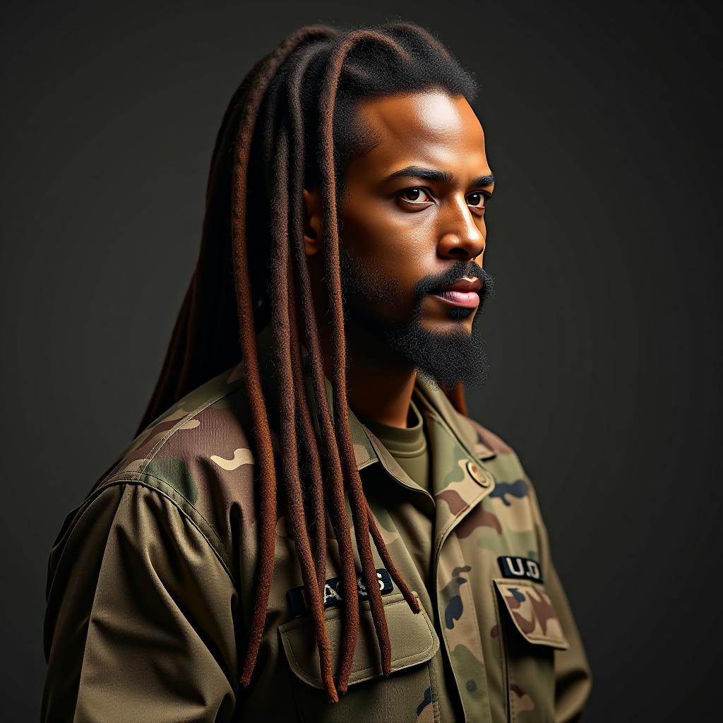  make an image of a man with dreadlocks wearing u.s. army attire