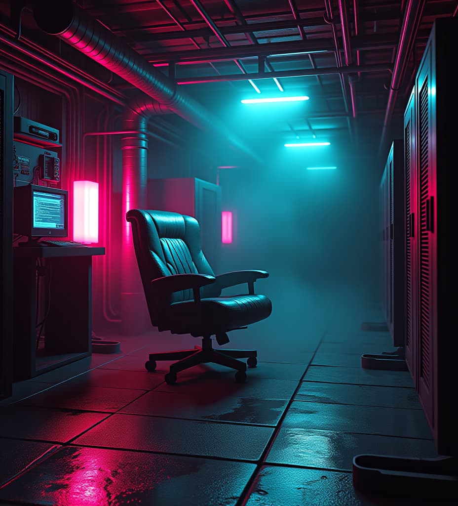  dark cyberpunk chair in a room underground in the sewers, full of network servers, pc monitors, circuitry, pipelines, power lines, the room has steam, the light falls from right to left with a warm glow. the image needs to be in hq, 2k textures, the colours used should be pink, red, dark cyan, fucsia and green. the chair forcefully will be on the center of the image.