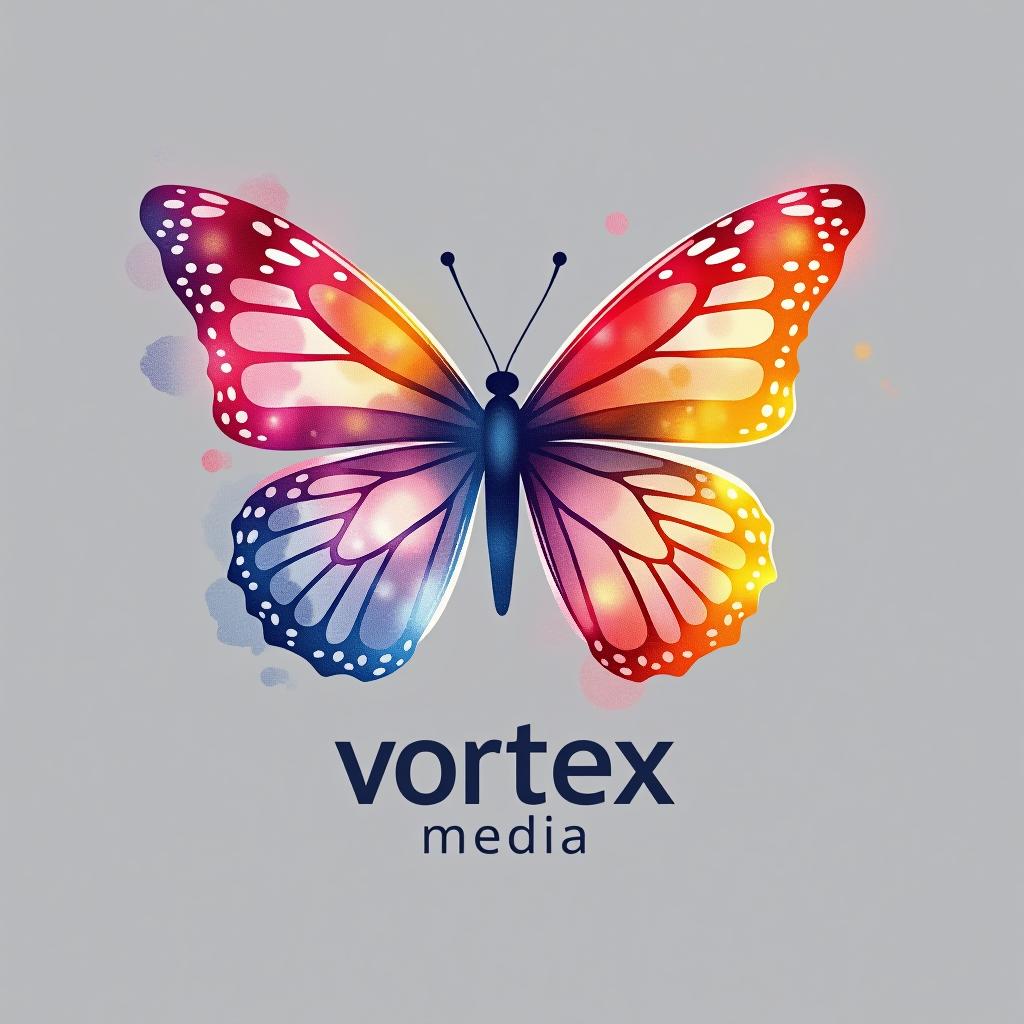  design a logo, watercolor style, logo of a butterfly, beautiful colors, with the text 'vortex media'.