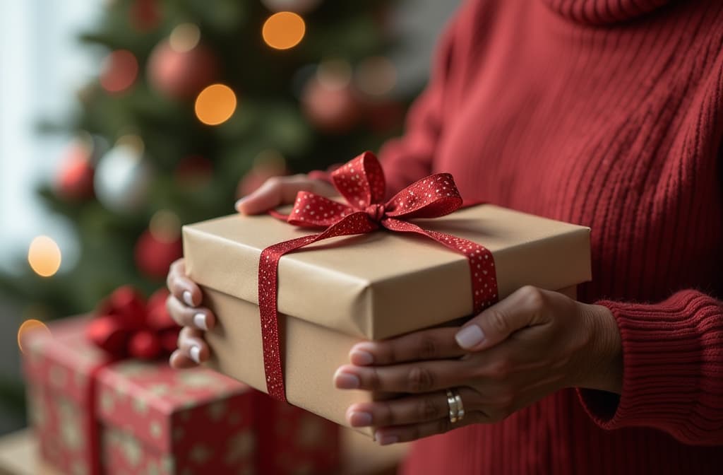  closeup view of black female senior grandmother hands packing new year gifts, blurred xmas tree on background {prompt}, maximum details