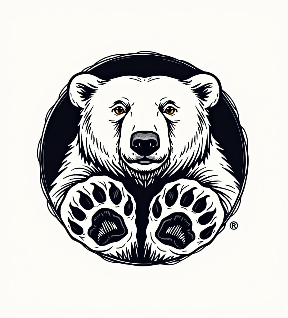  black on white sketch of circular logo that is made up of polar bears, and polar bear paws. unique design, trendy pattern, minimalist