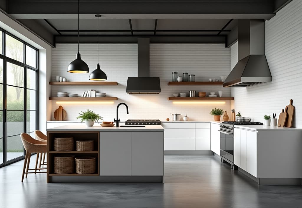  a landscape photo of an industrial chic white kitchen with concrete floors, metal pendant lights, white subway tiles to the ceiling, open metal shelving, and a large stainless steel range hood hyperrealistic, full body, detailed clothing, highly detailed, cinematic lighting, stunningly beautiful, intricate, sharp focus, f/1. 8, 85mm, (centered image composition), (professionally color graded), ((bright soft diffused light)), volumetric fog, trending on instagram, trending on tumblr, HDR 4K, 8K