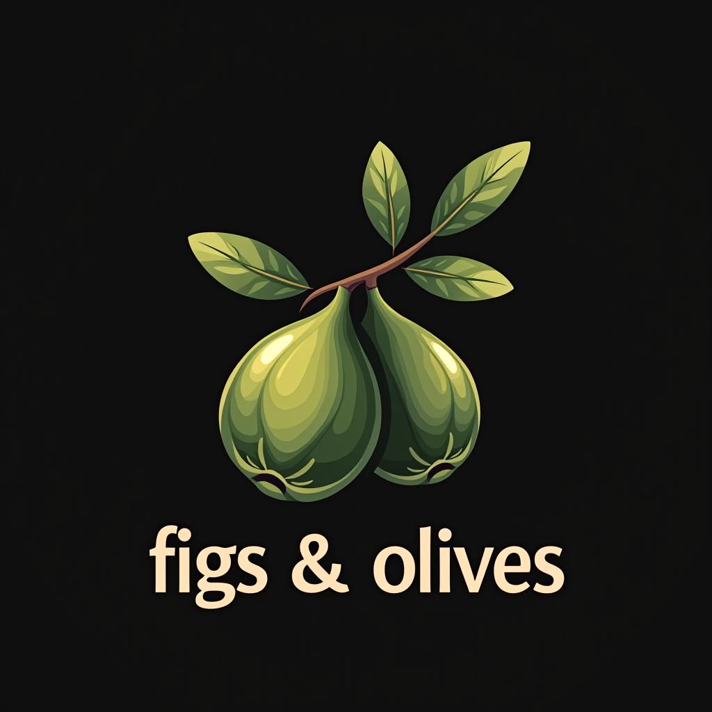  design a logo, fig leaf and olives, black background, with the text 'figs and olives'.