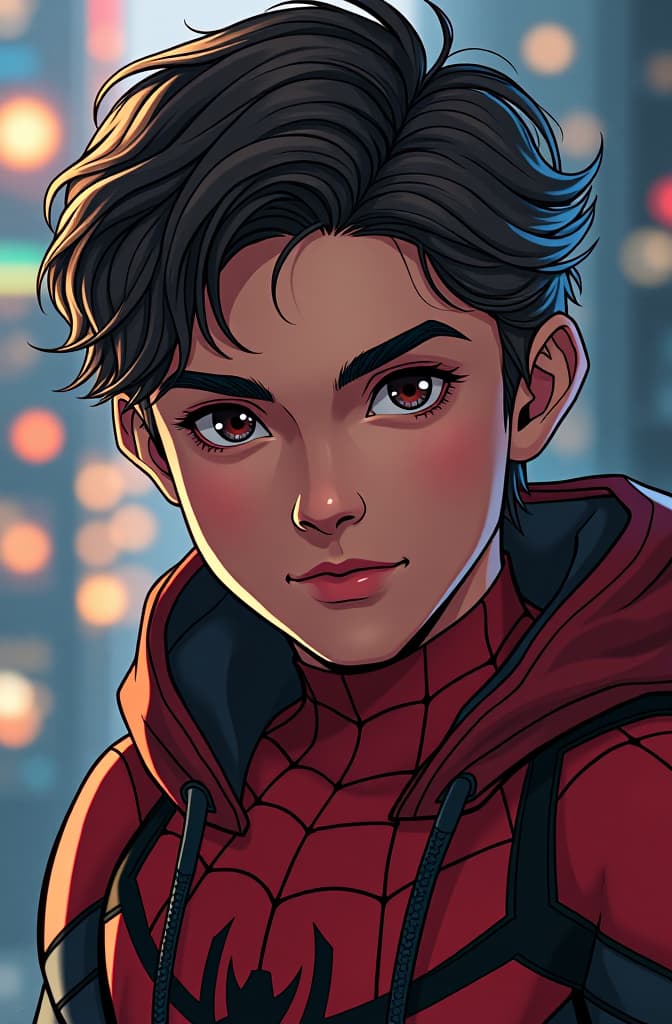  oi amorzinho tudo bem, spiderman, marvel comic panel, comic panel, manga and manhwa style panel, portrait, young person face, spiderverse style, style for marvel comic, anime comic panel style hyperrealistic, full body, detailed clothing, highly detailed, cinematic lighting, stunningly beautiful, intricate, sharp focus, f/1. 8, 85mm, (centered image composition), (professionally color graded), ((bright soft diffused light)), volumetric fog, trending on instagram, trending on tumblr, HDR 4K, 8K