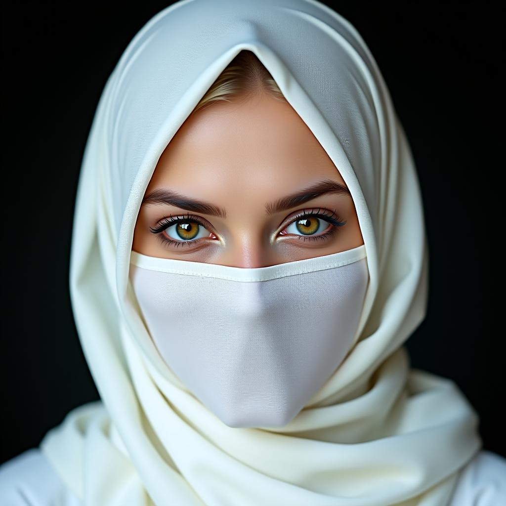  make an image of a blonde woman who is wearing a niqab that is white only showing her dark brown eyes