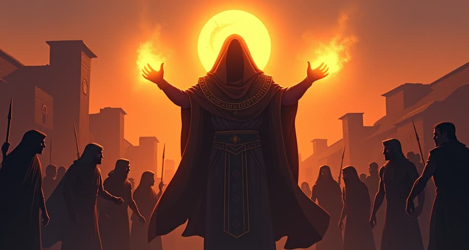  a figure radiating power, glowing aura of protection, surrounding villagers with envious glances, evening setting, shadows lengthening. the style is digital art illustration / modern comic book / mysterious occult, symbolic, esoteric vibe,high detail on character design, incorporating ancient egyptian symbology and attire.