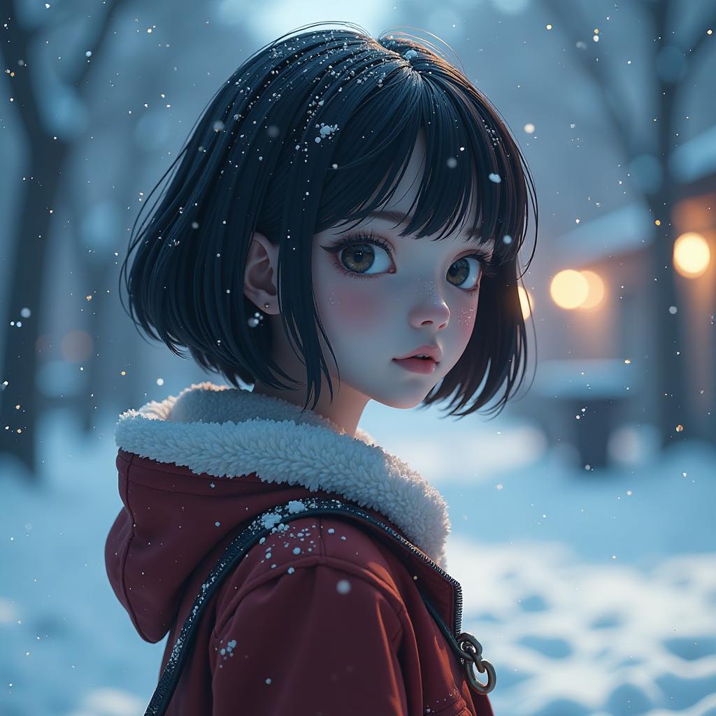  a person that is standing in the snow, cinematic lain fractal lain, refracted line and sparkles, shiny bob haircut, style of madhouse studio anime, prism details, official artwork, crystal particles, shoulder length, unconnected, flowercore, moviestill, webtoon hyperrealistic, full body, detailed clothing, highly detailed, cinematic lighting, stunningly beautiful, intricate, sharp focus, f/1. 8, 85mm, (centered image composition), (professionally color graded), ((bright soft diffused light)), volumetric fog, trending on instagram, trending on tumblr, HDR 4K, 8K