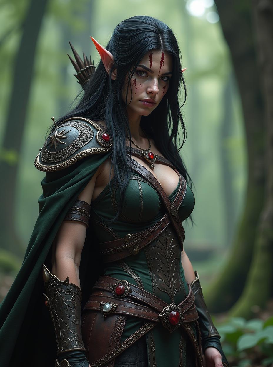  wood elf blood hunter with black cursed blood running through veins, high quality, high details, hd, perfect composition, 4k epic detailed, highly detailed, sharp focus, high resolution