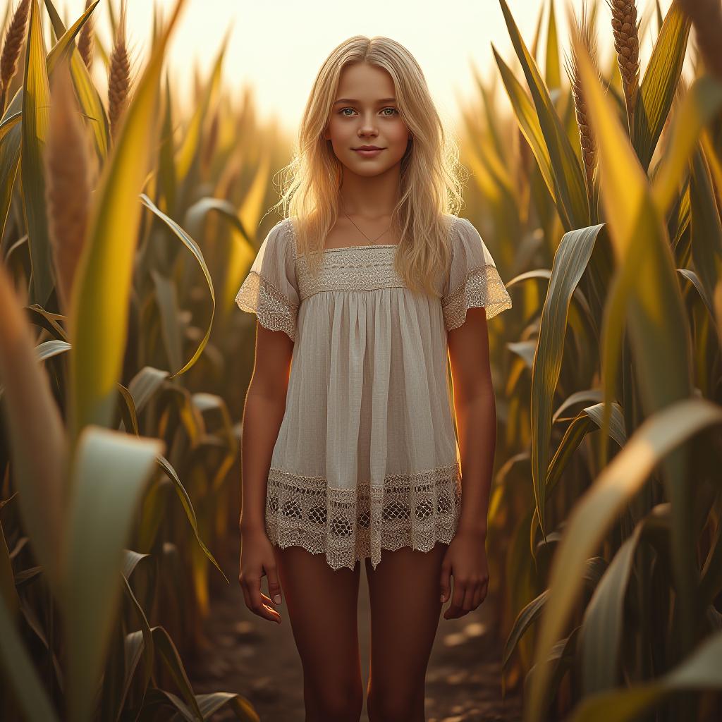  , blonde hair, age 14, full body view, you can see and feet, , , skin, cloth, standing in corn field, string ,, high quality, high details, hd, perfect composition, 4k epic detailed, highly detailed, sharp focus, high resolution