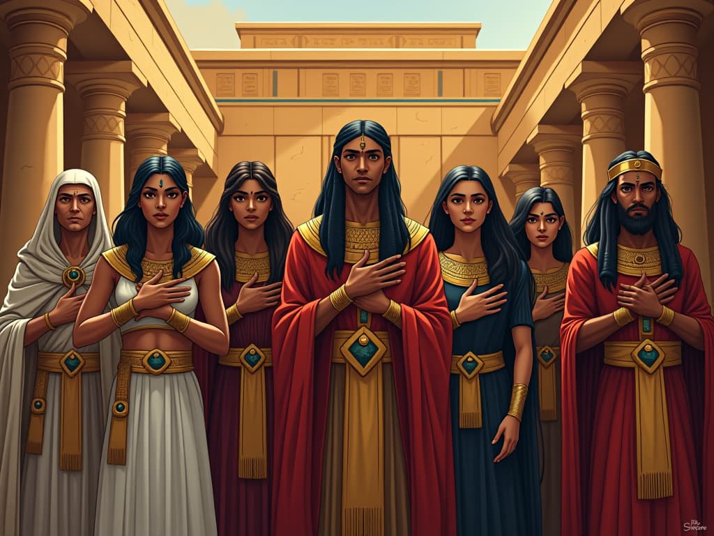  a diverse group of people, men and women, young and old, standing together in an ancient egyptian courtyard, some with their hands on their hearts, expressions of determination, symbolizing unity in facing trials.. the style is digital art illustration / modern comic book / mysterious occult, symbolic, esoteric vibe,high detail on character design, incorporating ancient egyptian symbology and attire.