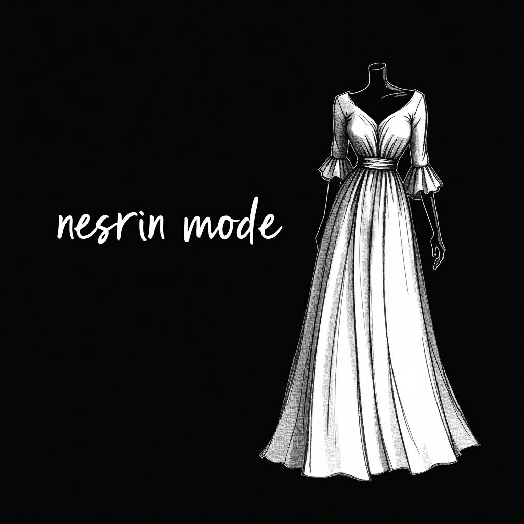  design a logo, in a pencil style. nesrin mode hintergrund schwarz schrift weiß neben ein gezeichnetes langes kleid , with the text 'nesrin mode '.