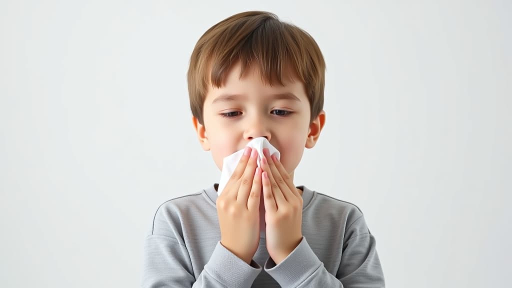  young boy sneezing into a tissue with a plain white background. represents common cold or allergy symptoms in a clean and simple setting.