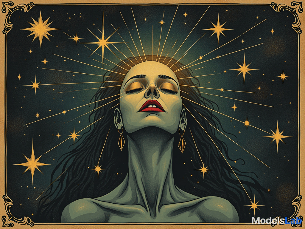  figure breathing in sync with star patterns, rhythmic movements of breath and stars, serene expressions, stars pulsing gently, luminosity in veins, alignment with celestial rhythms, cosmic harmony. an illustration in the style of a worn, mystical old tarot trump card, mysterious and elements of surrealism. the colors are muted, somber and eerie, but with contrast bring out an occult and esoteric vibe.