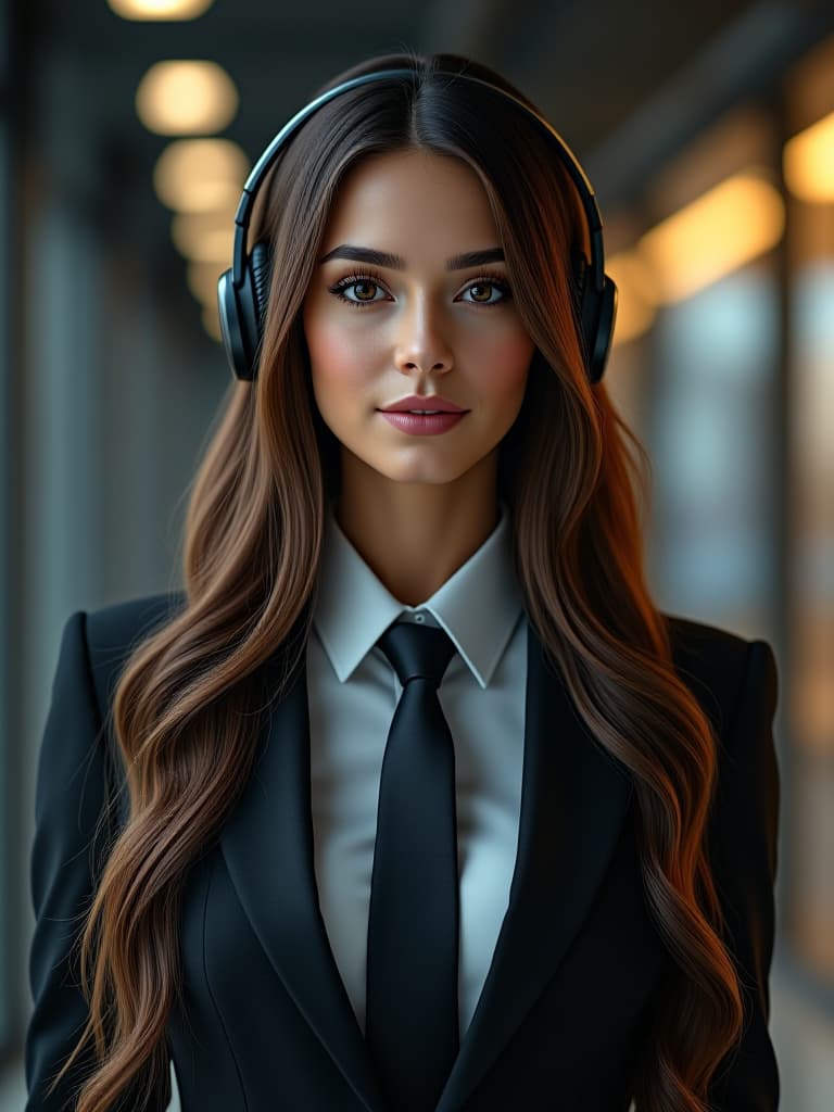  a picture of a woman wearing a suit with a tie, having long hair and headphones on her head. would you like me to help with anything else? hyperrealistic, full body, detailed clothing, highly detailed, cinematic lighting, stunningly beautiful, intricate, sharp focus, f/1. 8, 85mm, (centered image composition), (professionally color graded), ((bright soft diffused light)), volumetric fog, trending on instagram, trending on tumblr, HDR 4K, 8K