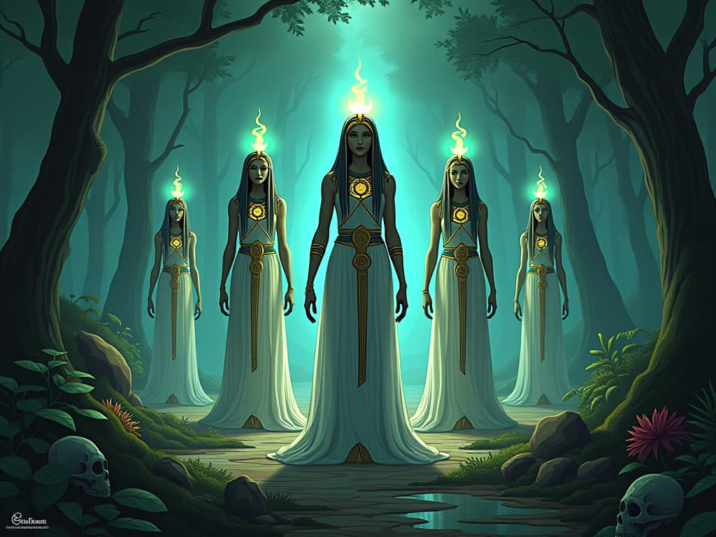  a group of ethereal beings, the tuatha dé danann, with luminescent skin and flowing robes, inhabiting a magical forest, surrounded by strange flora and fauna, emitting an otherworldly glow. the style is digital art illustration / modern comic book / mysterious occult, symbolic, esoteric vibe,high detail on character design, incorporating ancient egyptian symbology and attire.