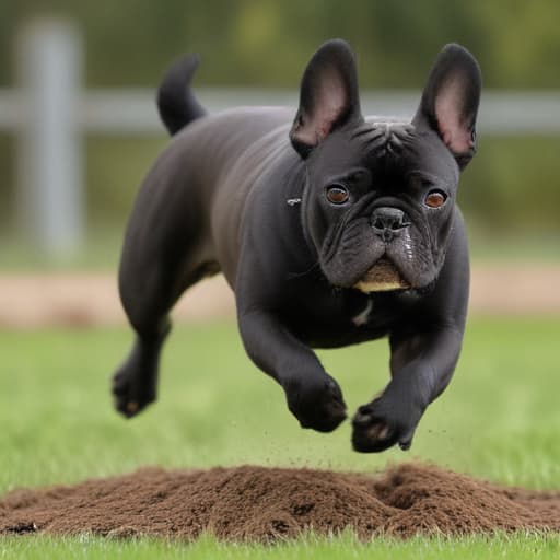 Black French Buldok jumping in the poop
