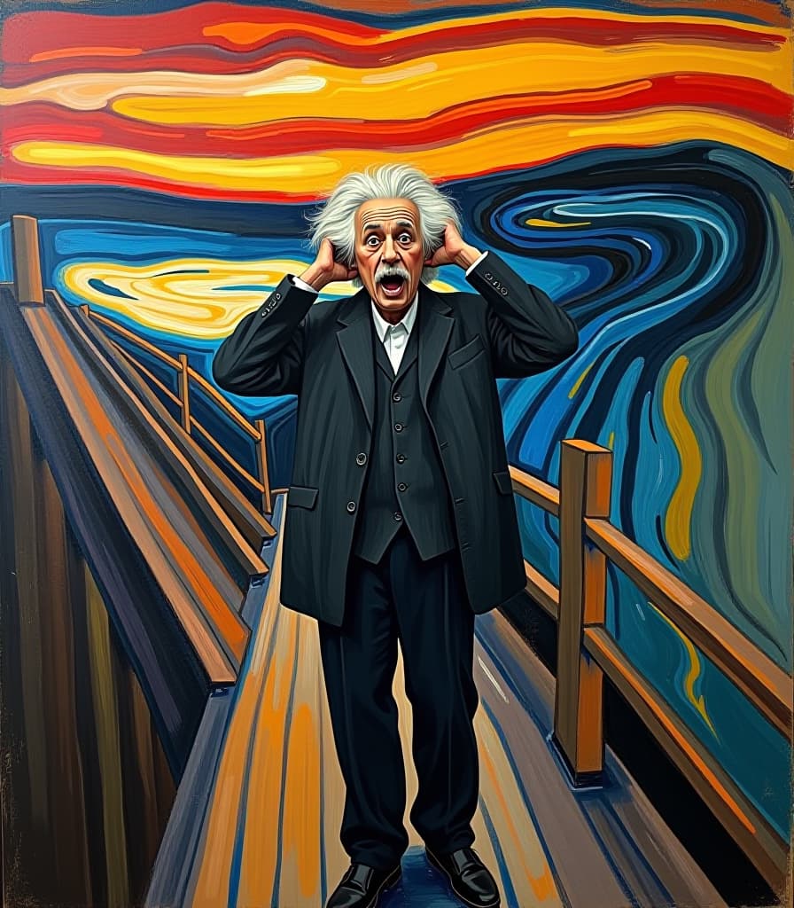  abstract expressionist painting masterpiece. (painting. the painting “the scream” by norwegian expressionist painter edvard munch. (albert einstein:1.5) standing on a bridge with surprised eyes, and open mouth, and sticking out his tongue, and with his hands around his ears and head from surprise:1.5). (intense close up:1.5). highly detailed strokes, clarity. surrealism, fantasy, expressionism. (style of artist edvard munch:1.5.) . energetic brushwork, bold colors, abstract forms, expressive, emotional hyperrealistic, full body, detailed clothing, highly detailed, cinematic lighting, stunningly beautiful, intricate, sharp focus, f/1. 8, 85mm, (centered image composition), (professionally color graded), ((bright soft diffused light)), volumetric fog, trending on instagram, trending on tumblr, HDR 4K, 8K