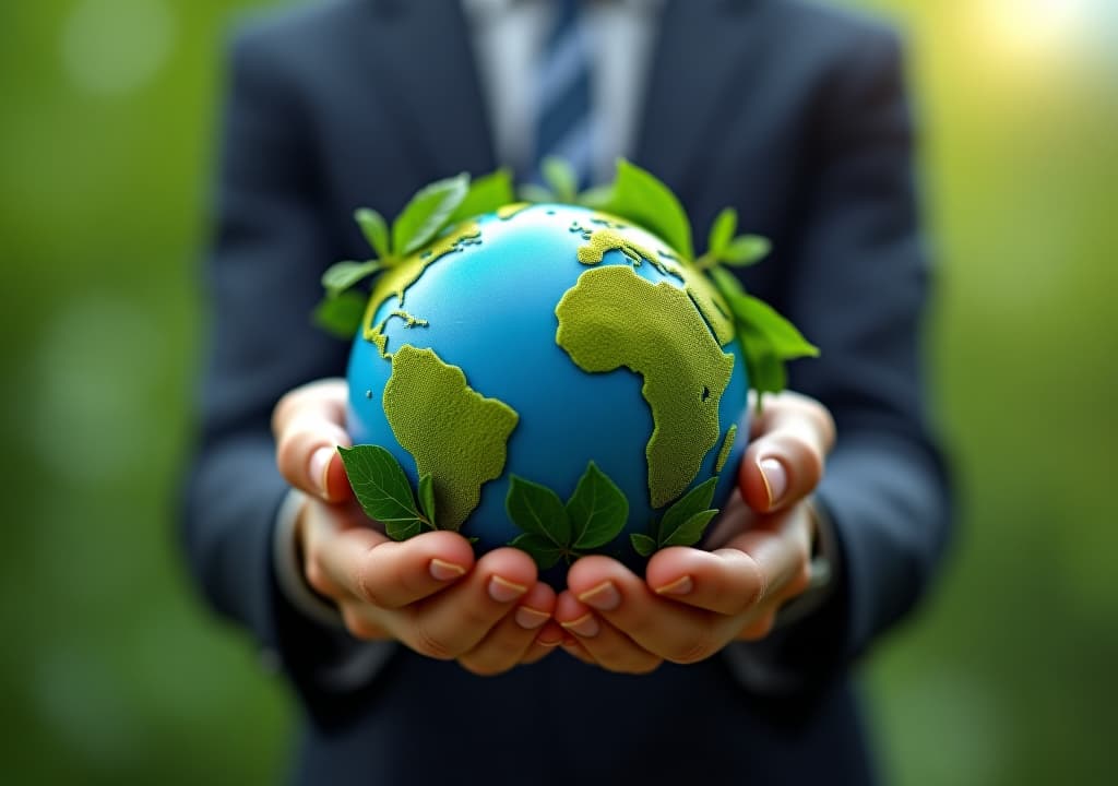  corporate professional nurturing the planet with a globe model surrounded by greenery, symbolizing sustainability and responsibility.