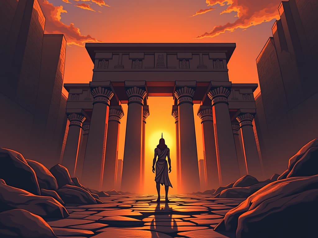  majestic, ancient egyptian temple ruins at dawn, inviting an aura of questioning and redefining solitude. the style is digital art illustration / modern comic book / mysterious occult, symbolic, esoteric vibe,high detail on character design, incorporating ancient egyptian symbology and attire.