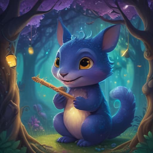 In a mystical forest, a mischievous creature named Kokis stands amidst a swirl of colorful leaves and sparkling fireflies. With a wide grin on its face, Kokis plays a magical flute, creating a symphony of laughter that echoes through the trees. Its eyes sparkle with mischief as it enchants the surrounding wildlife with its playful melody. The creature's vibrant purple and green scales shimmer in the moonlight, giving it an otherworldly aura. The scene is enchanting, whimsical, and full of magic. fantastical creatures or characters inspired by mythology, folklore, or popular culture. use vibrant colors, sharp lines, intricate details, dynamic poses, dramatic lighting, atmospheric backgrounds, and blend anime, manga, and Western comic influen