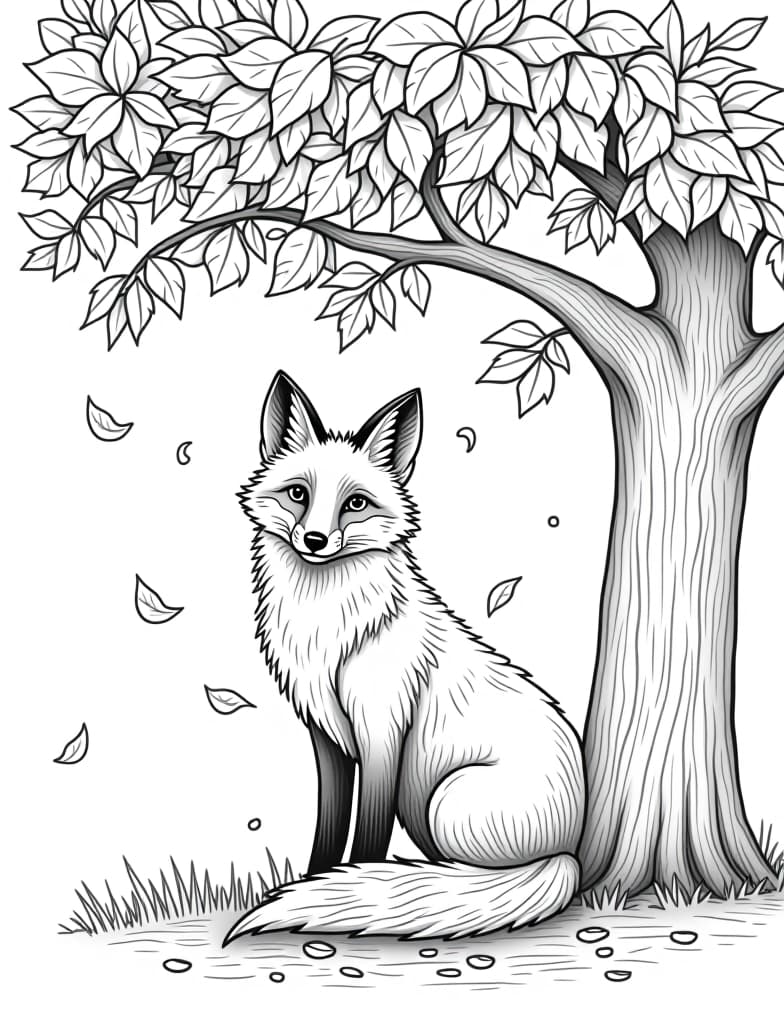  a fox sitting under a tree with falling leaves, black and white line art on a white background, for an adult coloring page.