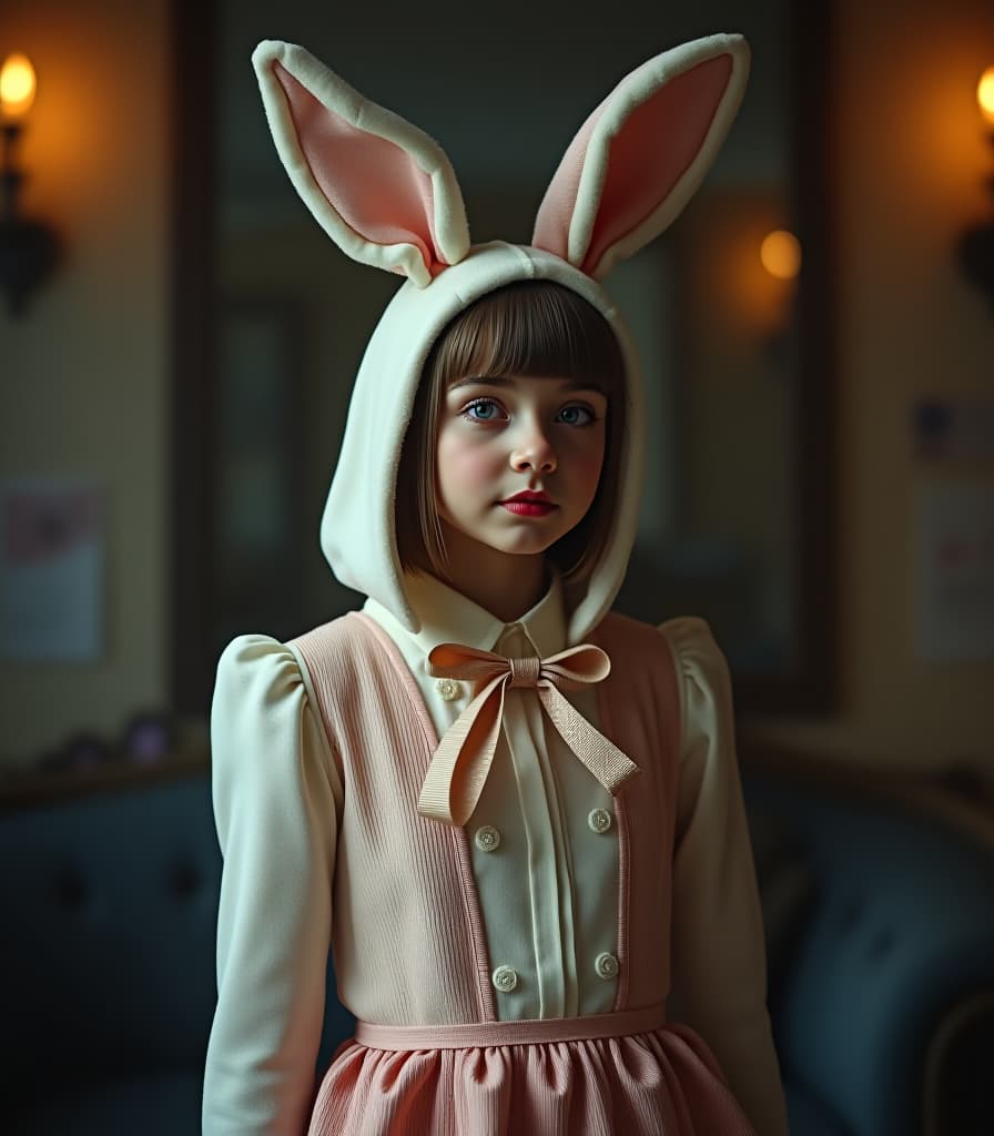  the girl is dressed in a rabbit costume 1920s hyperrealistic, full body, detailed clothing, highly detailed, cinematic lighting, stunningly beautiful, intricate, sharp focus, f/1. 8, 85mm, (centered image composition), (professionally color graded), ((bright soft diffused light)), volumetric fog, trending on instagram, trending on tumblr, HDR 4K, 8K