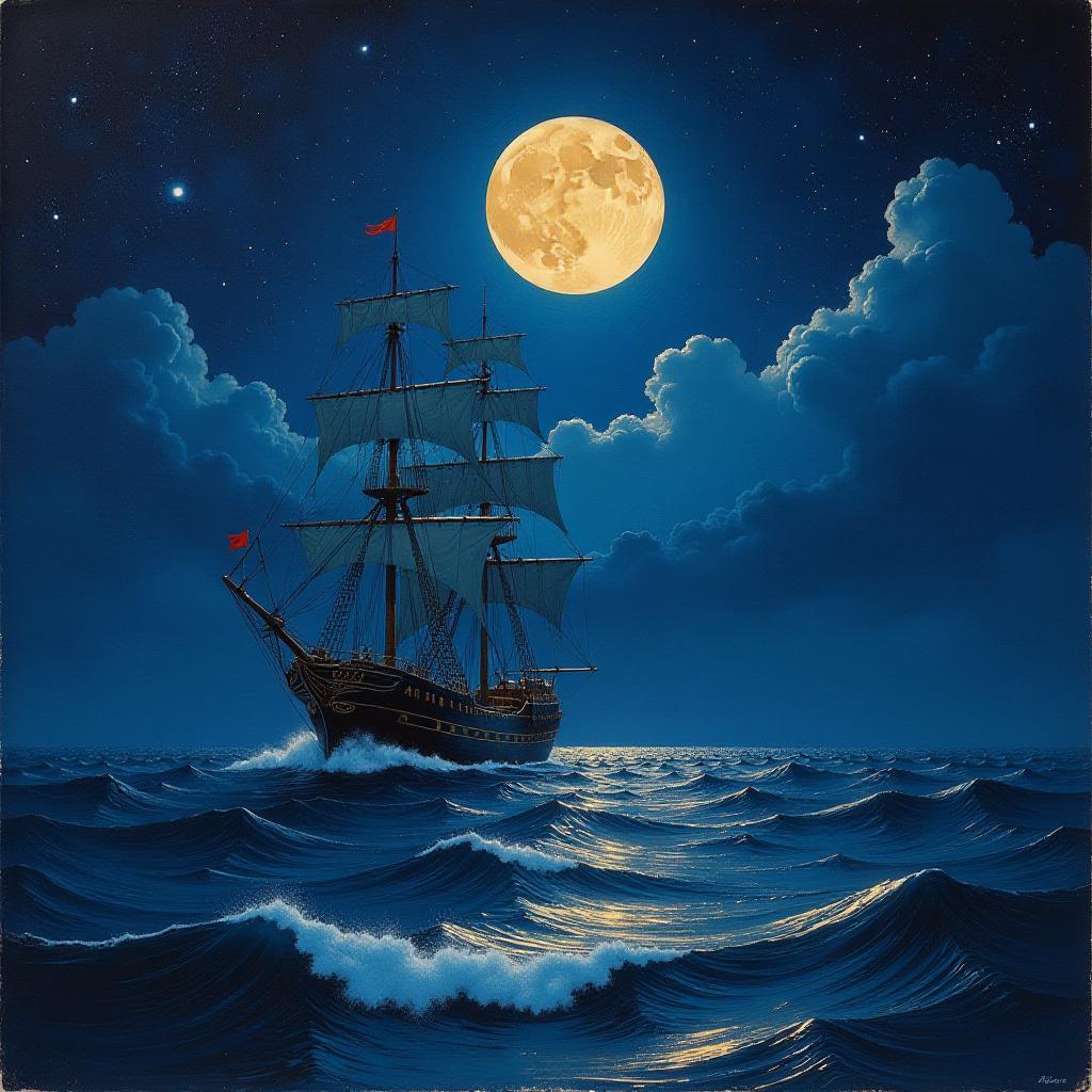  an oil painting in 80's fantasy poster art of moonlit ship against a starry night sea slowly encroaching