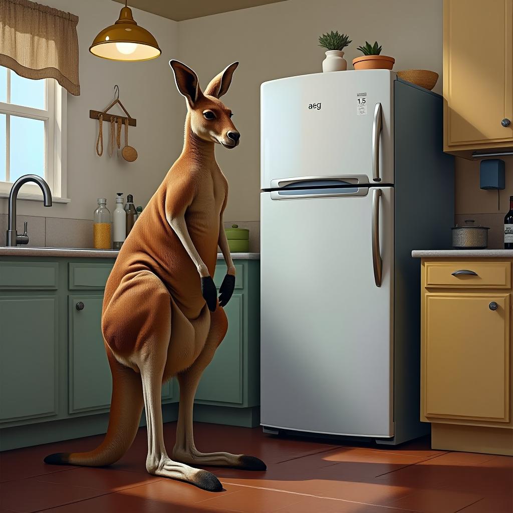  masterpiece. (painting, oil painting. a kangaroo standing next to a refrigerator labeled “aeg”, in a kitchen furnished with a kitchen set:1.5). intense close up. highly detailed strokes, clarity. fantasy style, surrealism. hyperrealistic, full body, detailed clothing, highly detailed, cinematic lighting, stunningly beautiful, intricate, sharp focus, f/1. 8, 85mm, (centered image composition), (professionally color graded), ((bright soft diffused light)), volumetric fog, trending on instagram, trending on tumblr, HDR 4K, 8K