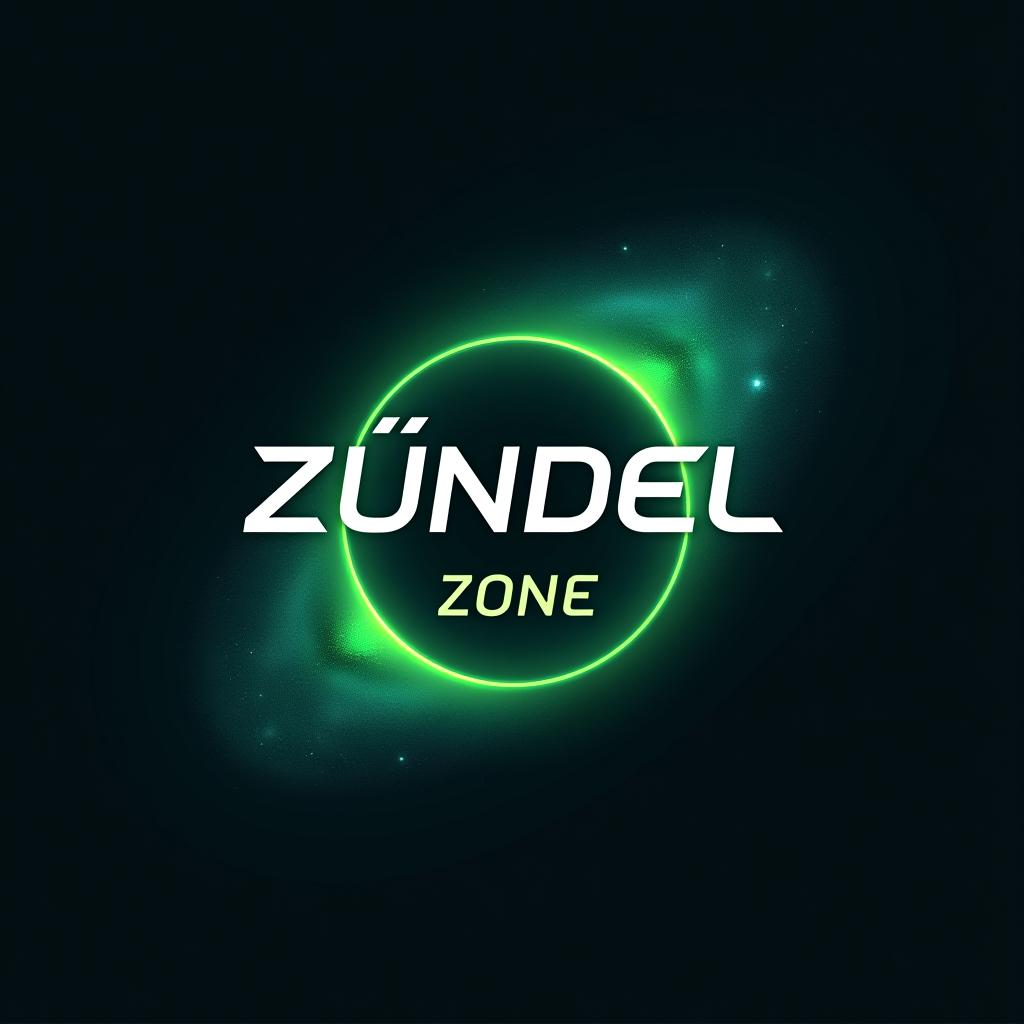  futuristic logo saying zundel zone with a custom ring glowing green with outer space in the background, (logo), clean, contemporary, bold, minimalist, geometric shapes, sans serif font, bright colors, dynamic, innovative