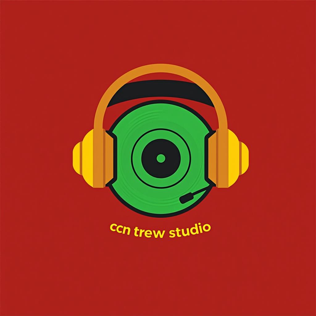  design a logo, logo d’un disque en vert et casque audio en jaune, fond rouge, with the text '4cent crew studio'.