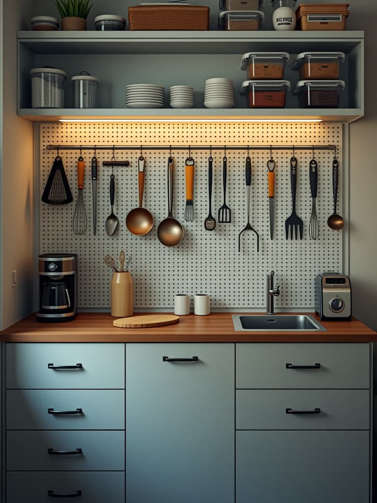  high quality portrait photo of an overhead view of a compact kitchen featuring a pegboard wall organizer filled with utensils and small appliances, surrounded by efficient drawer organizers and labeled clear storage containers hyperrealistic, full body, detailed clothing, highly detailed, cinematic lighting, stunningly beautiful, intricate, sharp focus, f/1. 8, 85mm, (centered image composition), (professionally color graded), ((bright soft diffused light)), volumetric fog, trending on instagram, trending on tumblr, HDR 4K, 8K